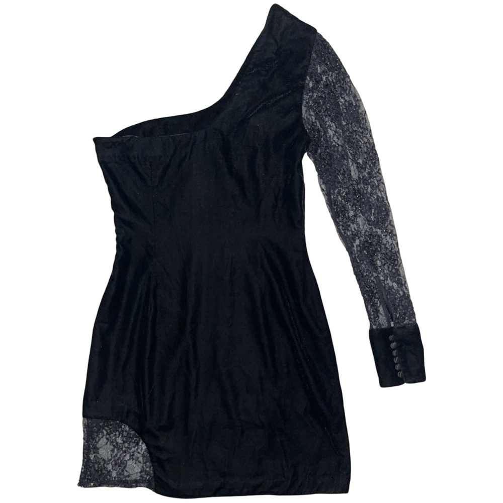 Retrofete | One Sleeve Mini Dress with Lace in Black Velvet - Size Small (New) - Picture 3 of 8